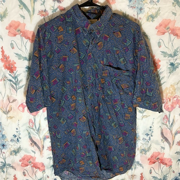 Vintage Men's Geometric Patterned Blue Shirt - Picture 1 of 9